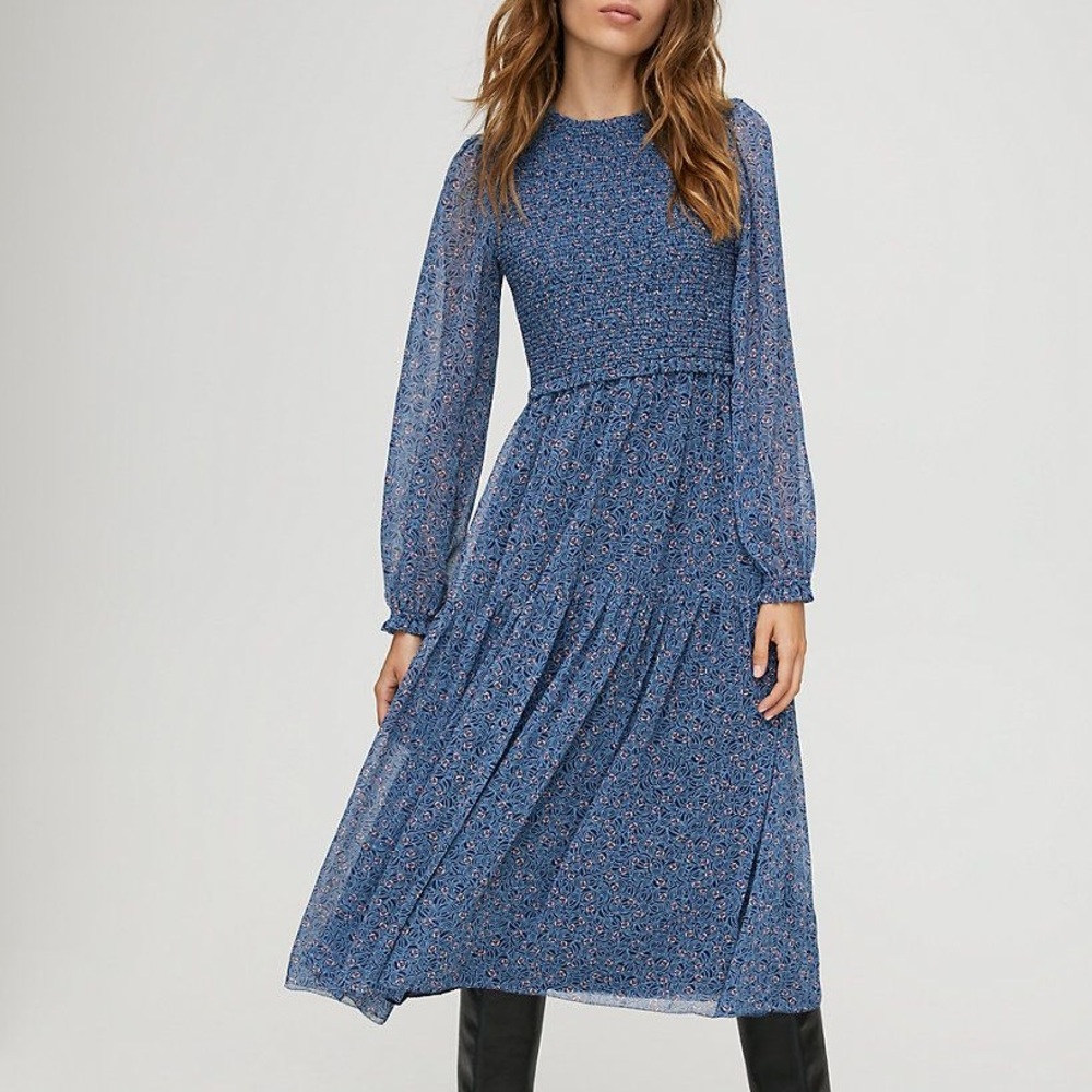 Aritzia Wilfred Rosalyn Blue Floral Chiffon Smocked Midi Dress